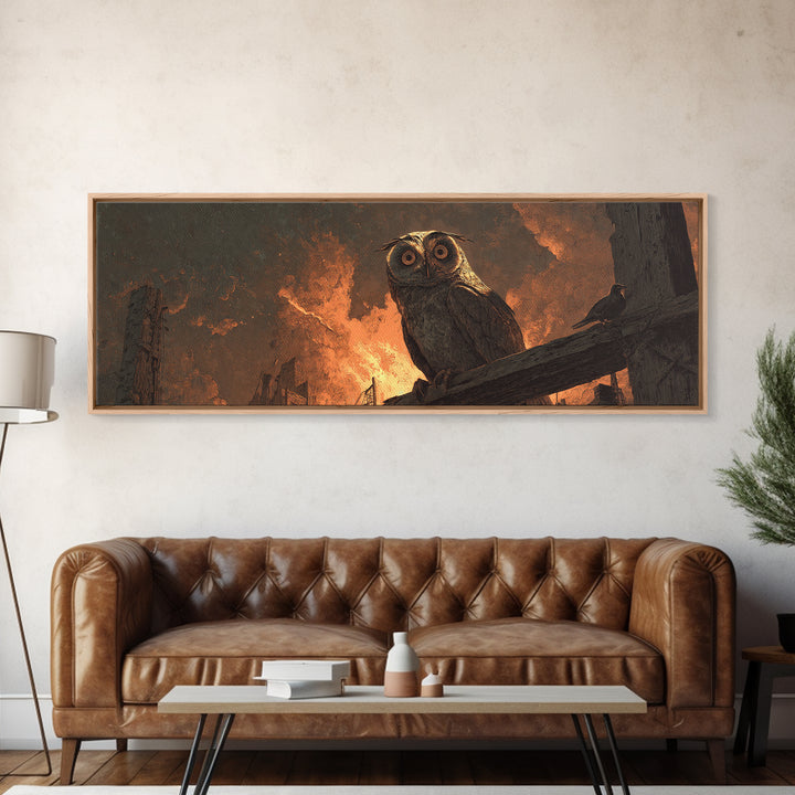 The Owl-Faced Omen, Apocalyptic Romantic Art, Extra Wide Wall Art, Gothic Horror Wall Art, Framed Canvas Print, Halloween Wall Art