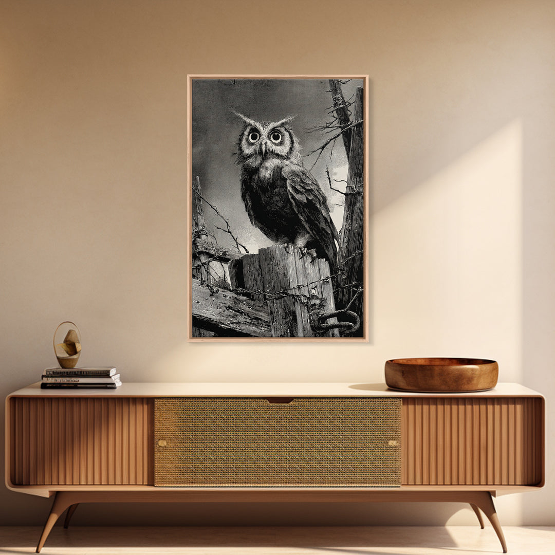 The Owl-Faced Omen, Decadent Gothic Art, Vertical Wall Art, Dark Fantasy Wall Art, Framed Canvas Print, Halloween Wall Art