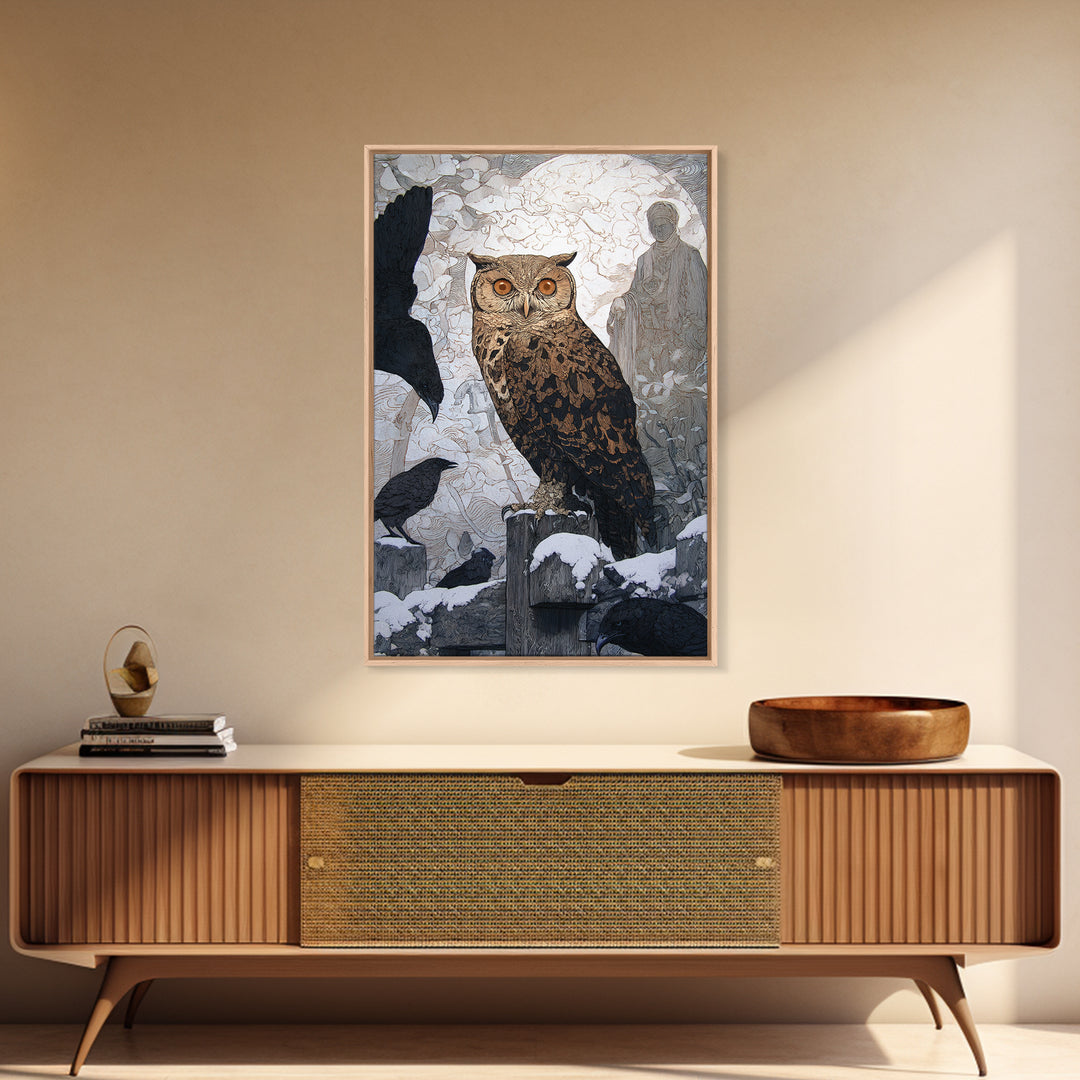 The Owl-Faced Omen, Symbolist Death Art, Vertical Wall Art, Dark Halloween Decor, Canvas Print, Halloween Wall Art