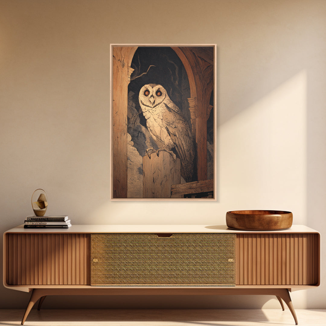 The Owl-Faced Omen, Symbolist Etching Art, Vertical Wall Art, Gothic Horror Wall Art, Canvas Print, Halloween Wall Art, Gothic Home Decor