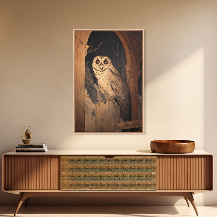 The Owl-Faced Omen, Symbolist Etching Art, Vertical Wall Art, Gothic Horror Wall Art, Canvas Print, Halloween Wall Art, Gothic Home Decor