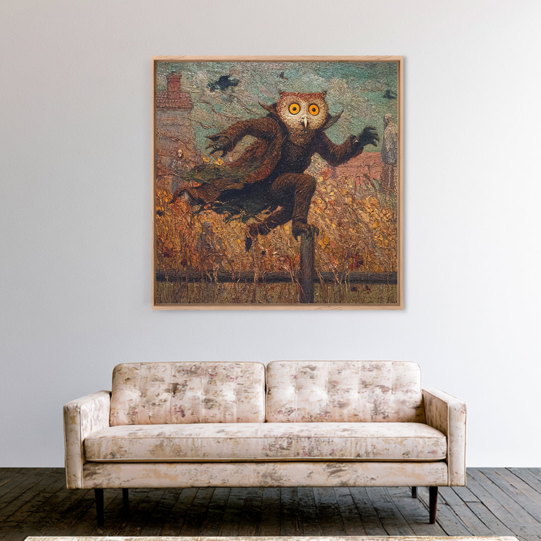 The Owl-Faced Omen, Grotesque Carnival Art, Square Wall Art, Macabre Wall Art, Framed Canvas Print, Halloween Wall Art, Spooky Wall Decor