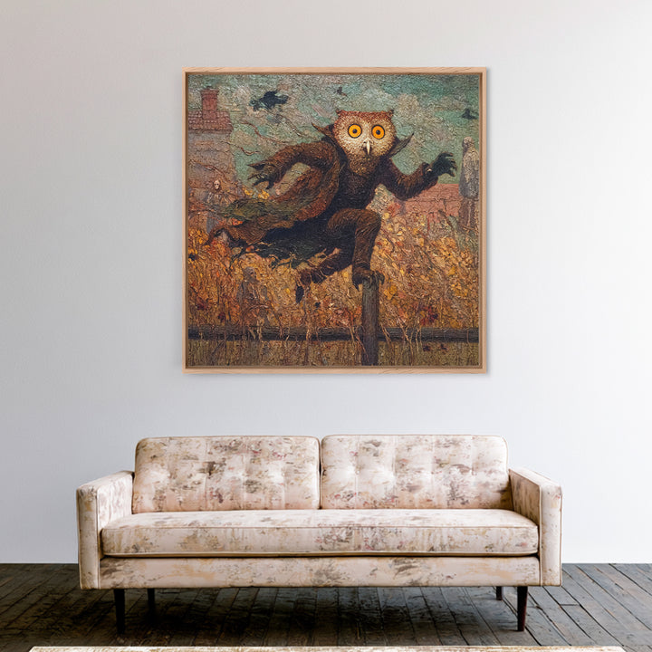 The Owl-Faced Omen, Grotesque Carnival Art, Square Wall Art, Macabre Wall Art, Framed Canvas Print, Halloween Wall Art, Spooky Wall Decor