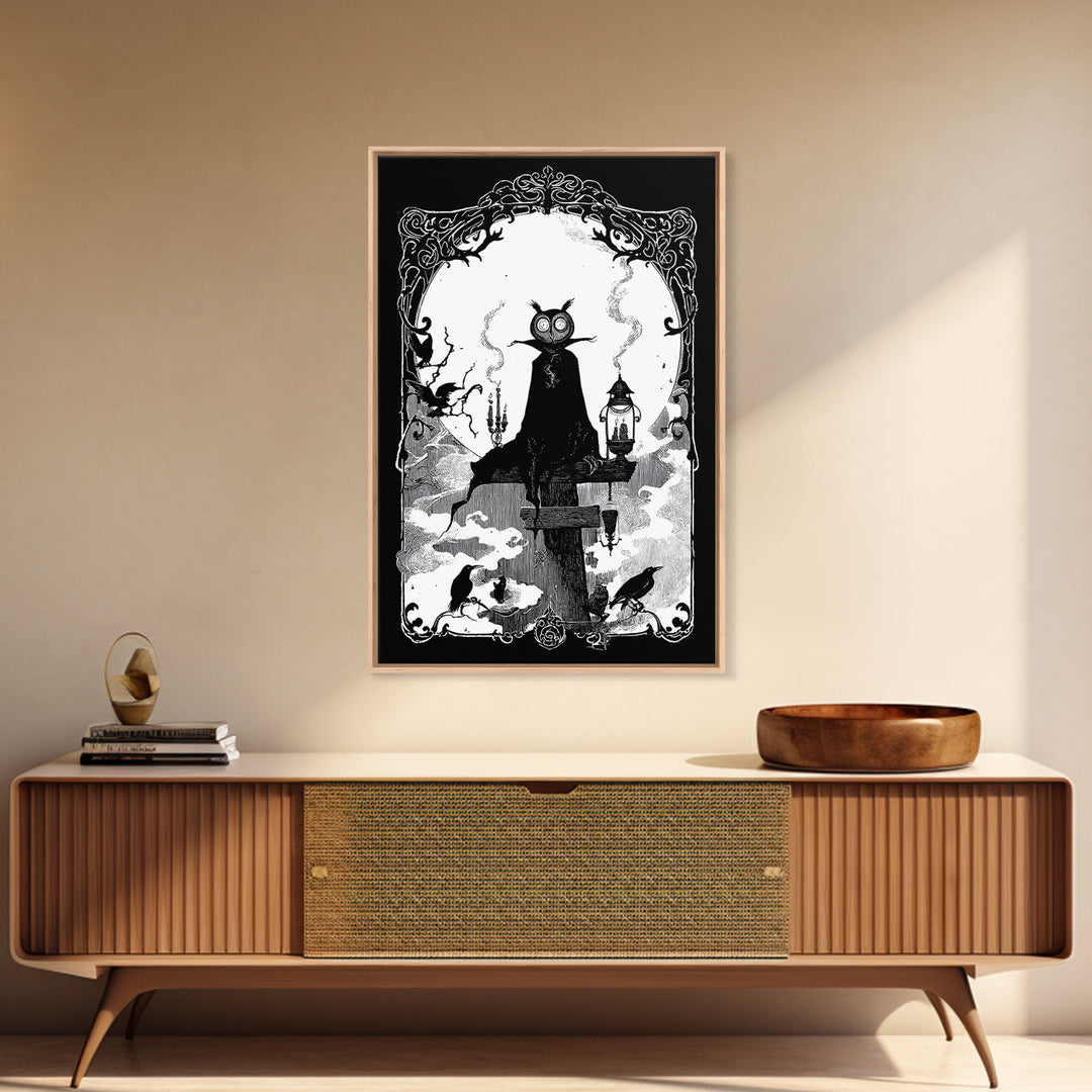 The Owl-Faced Omen, Decadent Line Art, Vertical Wall Art, Gothic Horror Wall Art, Canvas Print, Halloween Wall Art