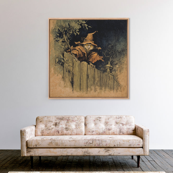 The Owl-Faced Omen, Gothic Storybook Art, Square Wall Art, Dark Halloween Decor, Framed Canvas Print, Halloween Wall Art