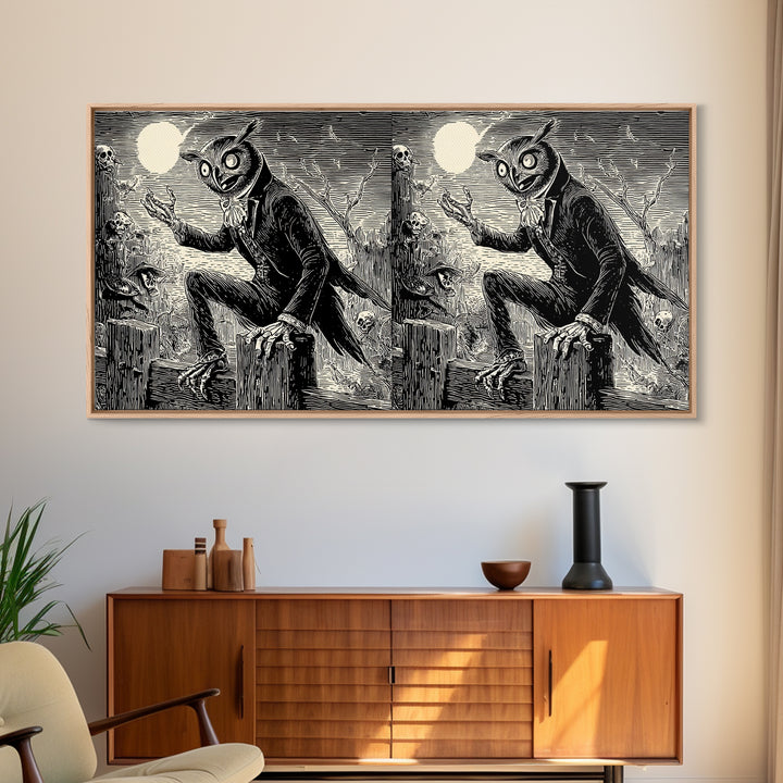 The Owl-Faced Omen, Macabre Folk Print Art, Wide Panoramic Art, Gothic Horror Wall Art, Canvas Print, Halloween Wall Art