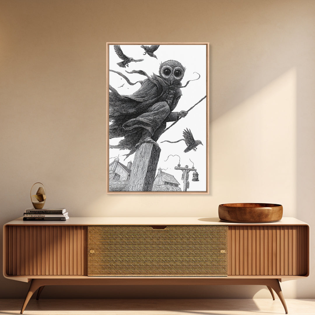 The Owl-Faced Omen, Victorian Macabre Art, Vertical Wall Art, Dark Halloween Decor, Framed Canvas Print, Halloween Wall Art