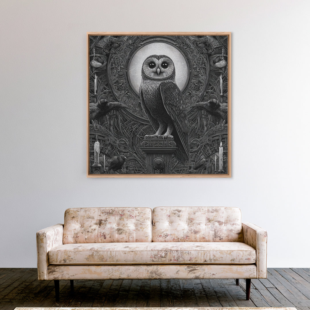 The Owl-Faced Omen, Biomechanical Horror Art, Square Wall Art, Gothic Horror Wall Art, Canvas Print, Halloween Wall Art, Statement Wall Art