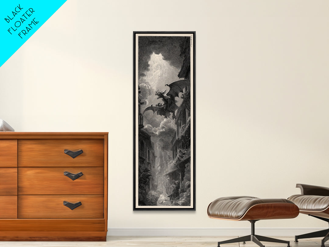 The Bat-Winged Imp, Gothic Engraving Art, Tall Narrow Wall Art, Macabre Wall Art, Framed Canvas Print, Halloween Wall Art