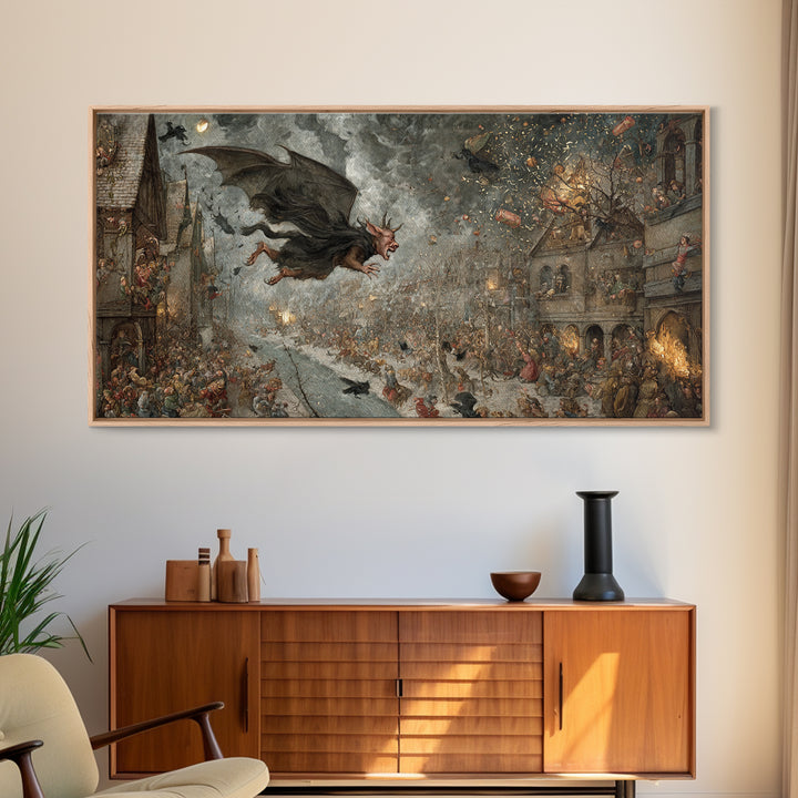 The Bat-Winged Imp, Northern Renaissance Horror, Wide Panoramic Art, Macabre Wall Art, Framed Canvas Print, Halloween Wall Art