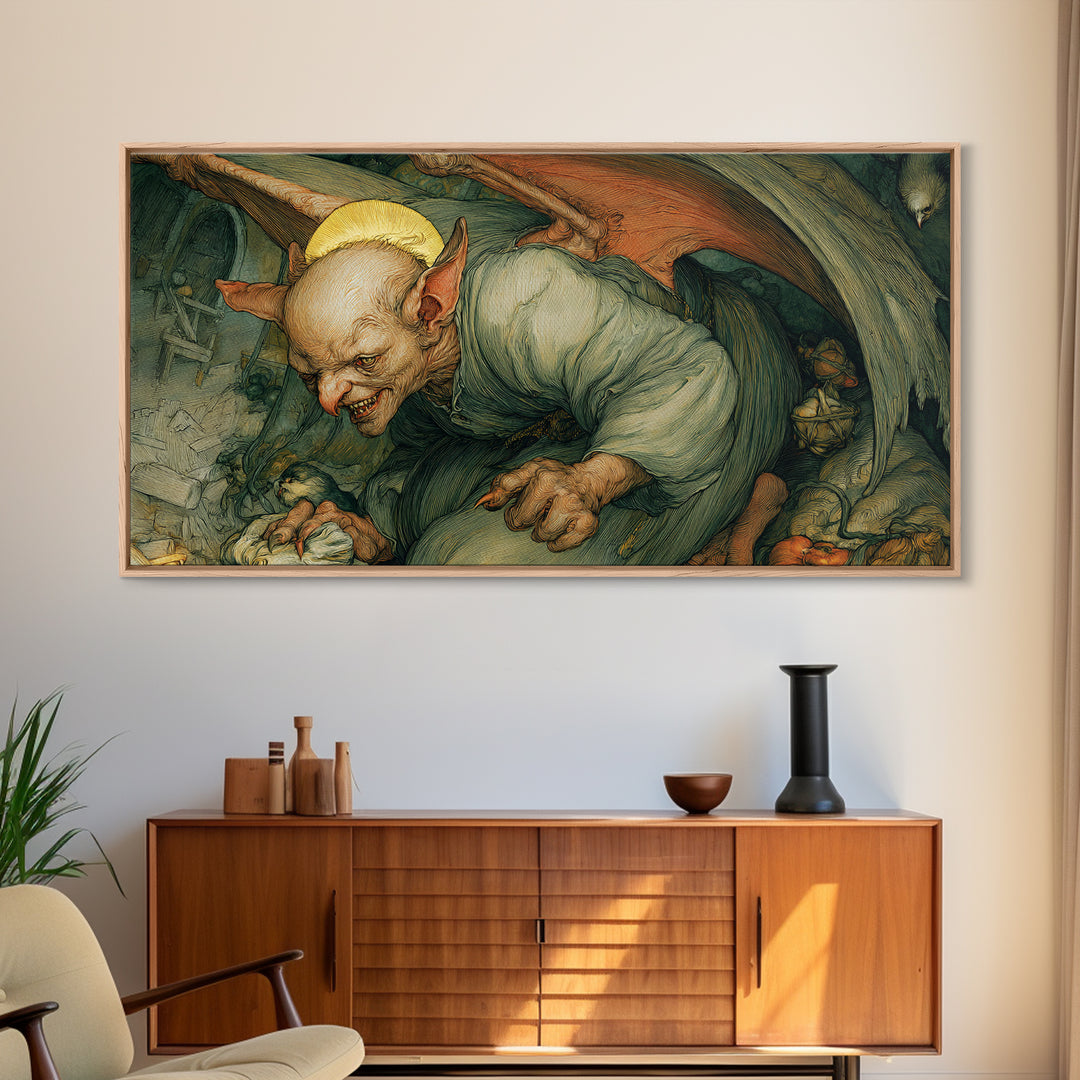 The Bat-Winged Imp, Dark Renaissance Art, Wide Panoramic Art, Macabre Wall Art, Canvas Print, Halloween Wall Art