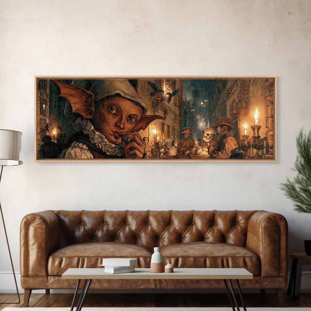 The Bat-Winged Imp, Danse Macabre Art, Extra Wide Wall Art, Macabre Wall Art, Canvas Print, Halloween Wall Art