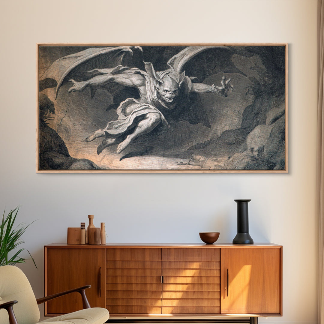 The Bat-Winged Imp, Gothic Nightmare Art, Wide Panoramic Art, Macabre Wall Art, Framed Canvas Print, Halloween Wall Art
