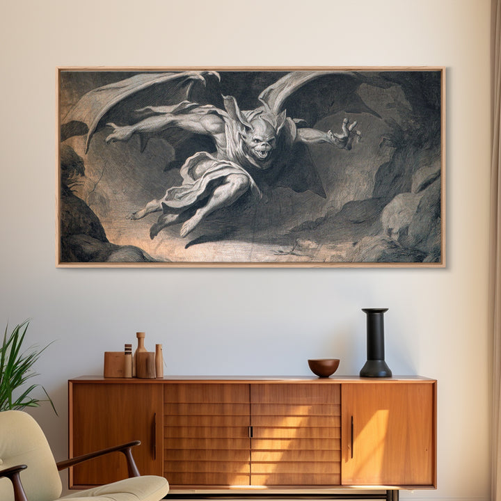 The Bat-Winged Imp, Gothic Nightmare Art, Wide Panoramic Art, Macabre Wall Art, Framed Canvas Print, Halloween Wall Art