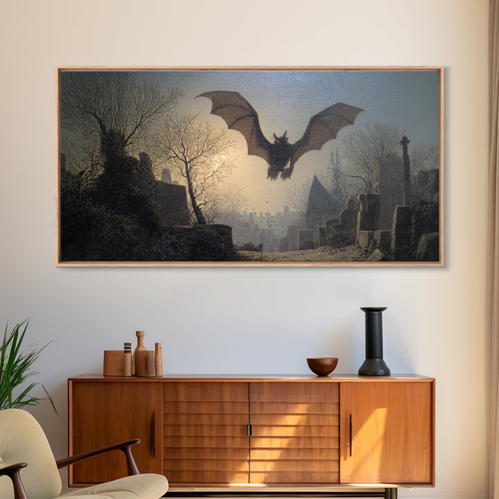 The Bat-Winged Imp, Romantic Gothic Landscape, Wide Panoramic Art, Dark Fantasy Wall Art, Canvas Print, Halloween Wall Art
