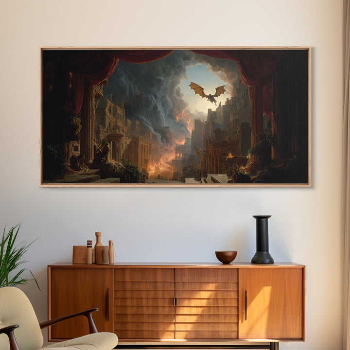 The Bat-Winged Imp, Apocalyptic Romantic Art, Wide Panoramic Art, Gothic Horror Wall Art, Framed Canvas Print, Halloween Wall Art