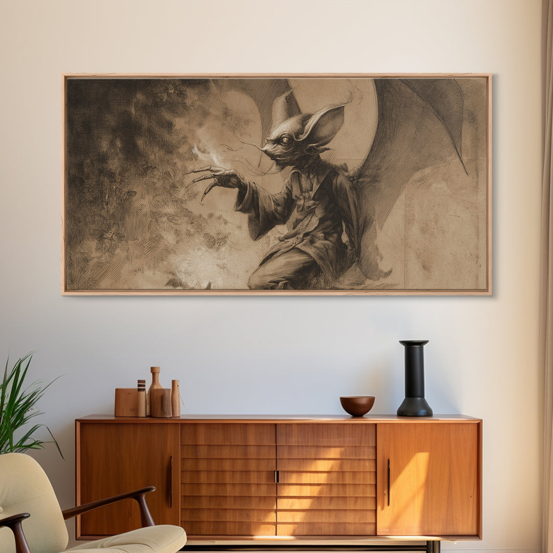 The Bat-Winged Imp, Symbolist Dream Art, Wide Panoramic Art, Dark Halloween Decor, Canvas Print, Halloween Wall Art