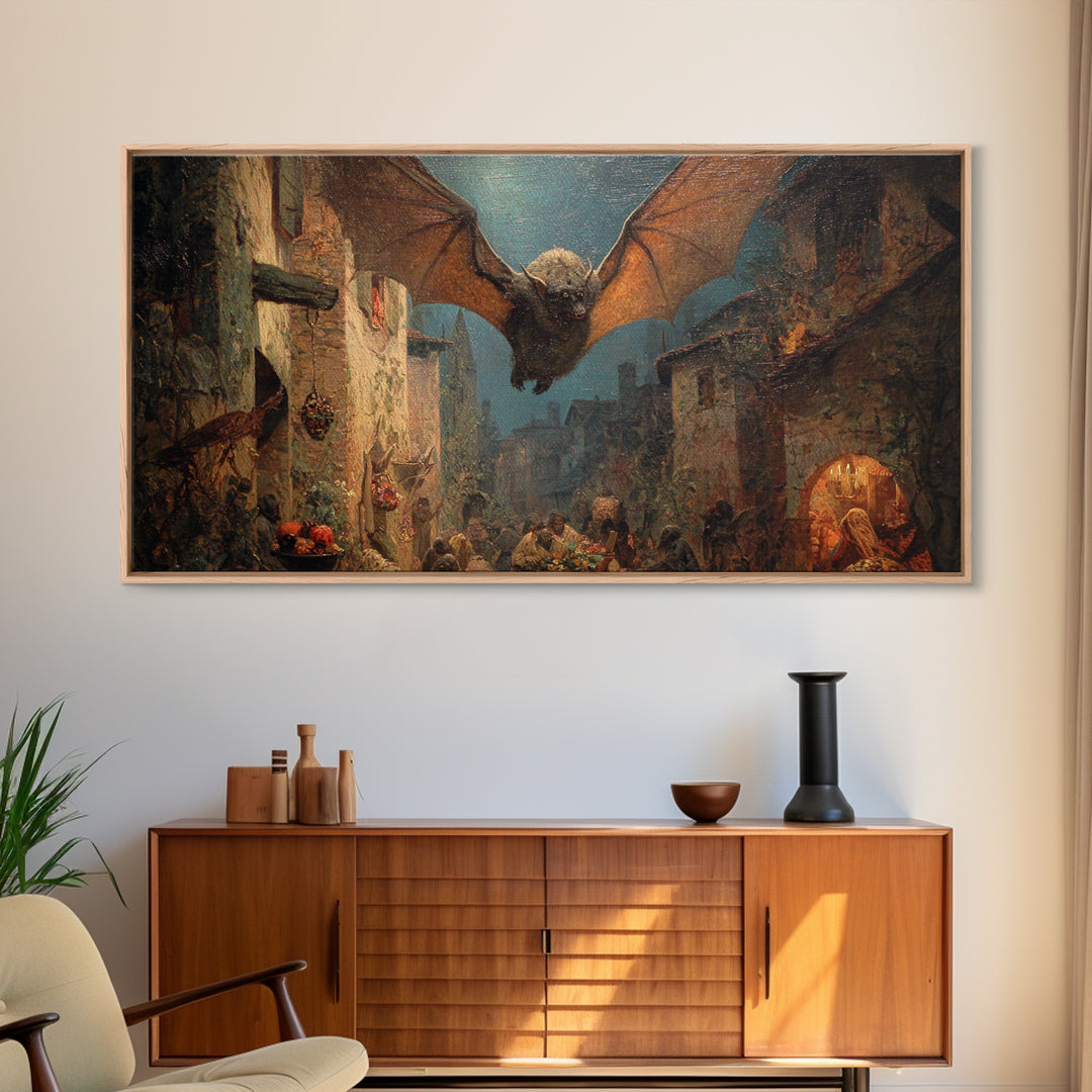 The Bat-Winged Imp, Ornate Symbolist Art, Wide Panoramic Art, Macabre Wall Art, Framed Canvas Print, Halloween Wall Art