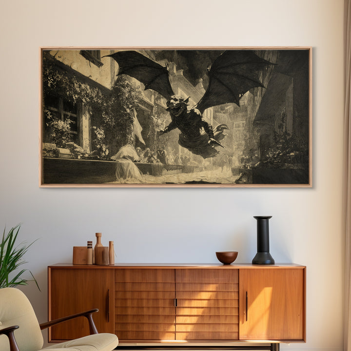 The Bat-Winged Imp, Dark Symbolist Art, Wide Panoramic Art, Dark Halloween Decor, Canvas Print, Halloween Wall Art
