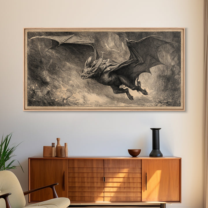 The Bat-Winged Imp, Expressionist Nightmare Art, Wide Panoramic Art, Dark Fantasy Wall Art, Framed Canvas Print, Halloween Wall Art