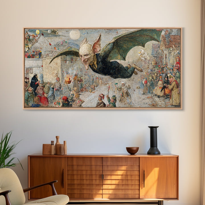 The Bat-Winged Imp, Grotesque Carnival Art, Wide Panoramic Art, Macabre Wall Art, Framed Canvas Print, Halloween Wall Art, Halloween Decor