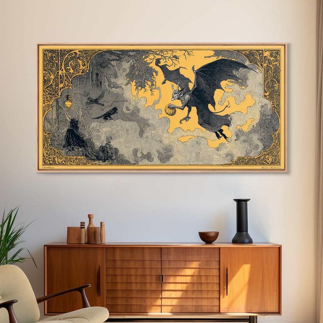 The Bat-Winged Imp, Decadent Line Art, Wide Panoramic Art, Macabre Wall Art, Framed Canvas Print, Halloween Wall Art