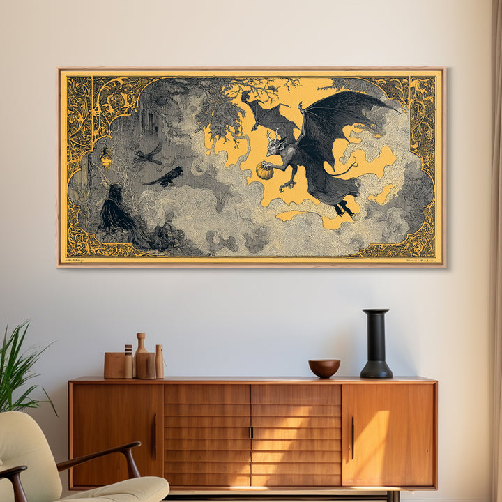 The Bat-Winged Imp, Decadent Line Art, Wide Panoramic Art, Macabre Wall Art, Framed Canvas Print, Halloween Wall Art