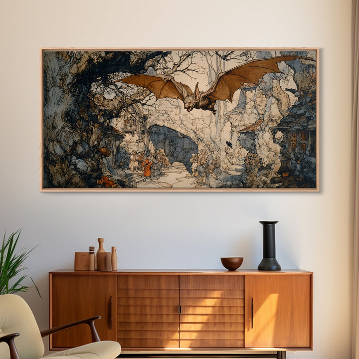 The Bat-Winged Imp, Gothic Storybook Art, Wide Panoramic Art, Dark Fantasy Wall Art, Framed Canvas Print, Halloween Wall Art
