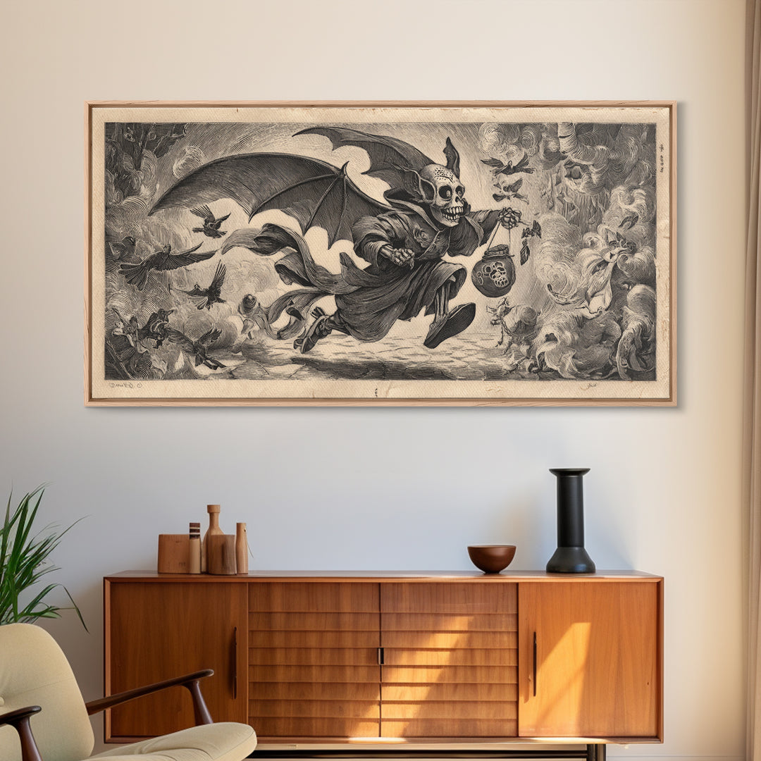 The Bat-Winged Imp, Macabre Folk Print Art, Wide Panoramic Art, Dark Halloween Decor, Framed Canvas Print, Halloween Wall Art