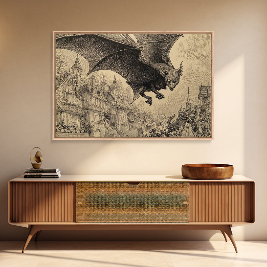 The Bat-Winged Imp, Victorian Macabre Art, Landscape Wall Art, Gothic Horror Wall Art, Framed Canvas Print, Halloween Wall Art