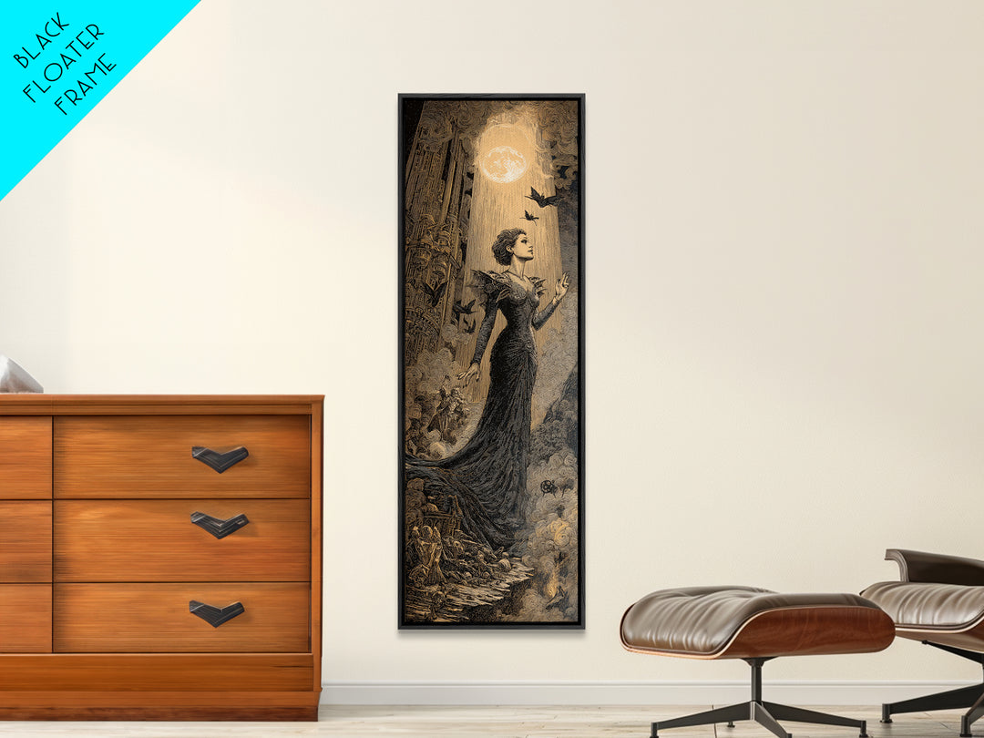 The Spider Queen, Gothic Engraving Art, Tall Narrow Wall Art, Dark Fantasy Wall Art, Framed Canvas Print, Halloween Wall Art