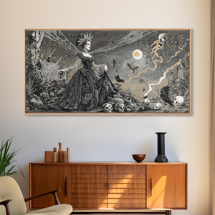 The Spider Queen, Macabre Folk Print Art, Wide Panoramic Art, Dark Halloween Decor, Canvas Print, Halloween Wall Art