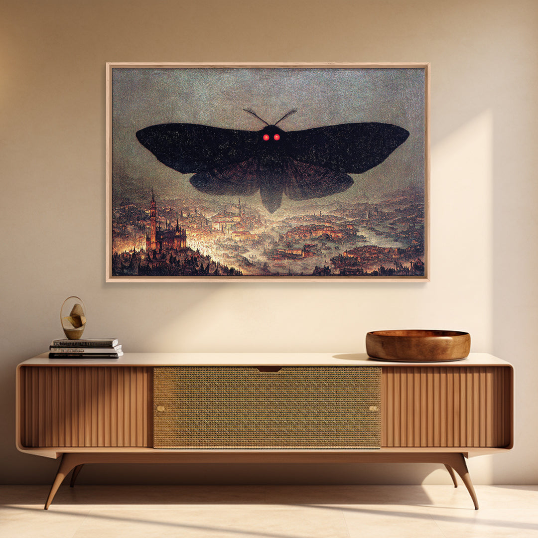 The Red-Eyed Moth Creature, Medieval Grotesque Art, Landscape Wall Art, Dark Fantasy Wall Art, Framed Canvas Print, Dark Fantasy Art