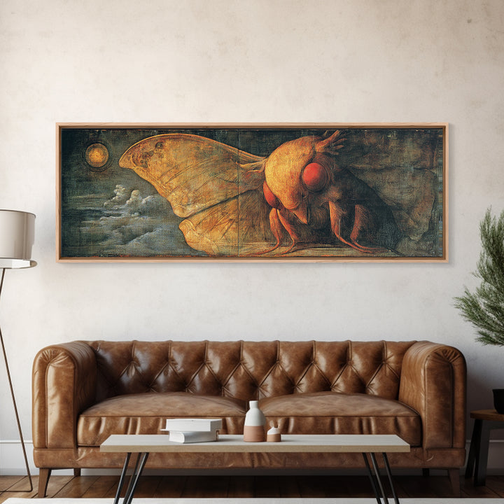The Red-Eyed Moth Creature, Dark Renaissance Art, Extra Wide Wall Art, Dark Fantasy Wall Art, Canvas Print, Halloween Wall Art