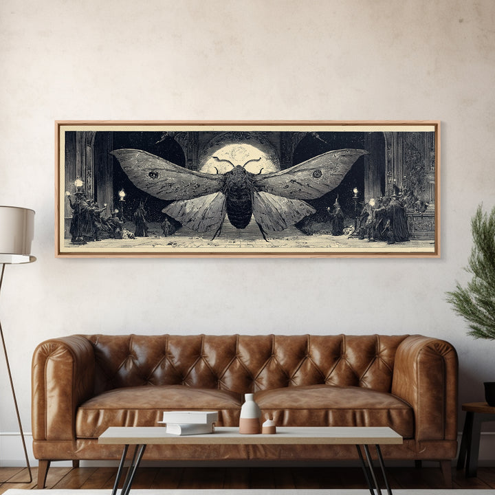 The Red-Eyed Moth Creature, Renaissance Engraving Art, Extra Wide Wall Art, Dark Halloween Decor, Canvas Print, Halloween Wall Art