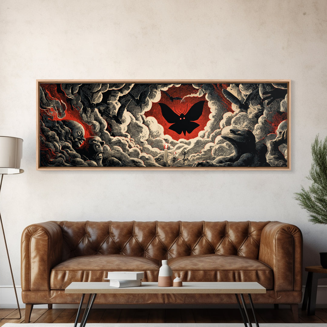 The Red-Eyed Moth Creature, Gothic Nightmare Art, Extra Wide Wall Art, Dark Halloween Decor, Canvas Print, Halloween Wall Art