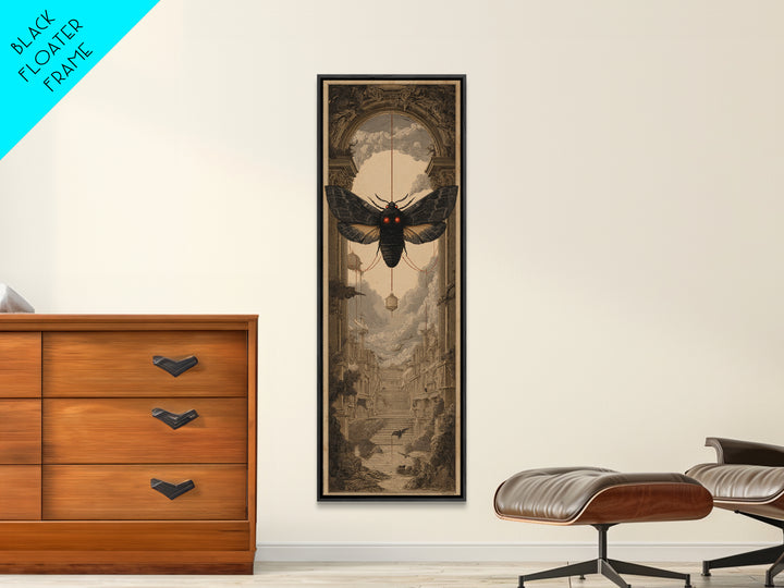 The Red-Eyed Moth Creature, Architectural Etching Art, Tall Narrow Wall Art, Macabre Wall Art, Canvas Print, Horror Wall Art