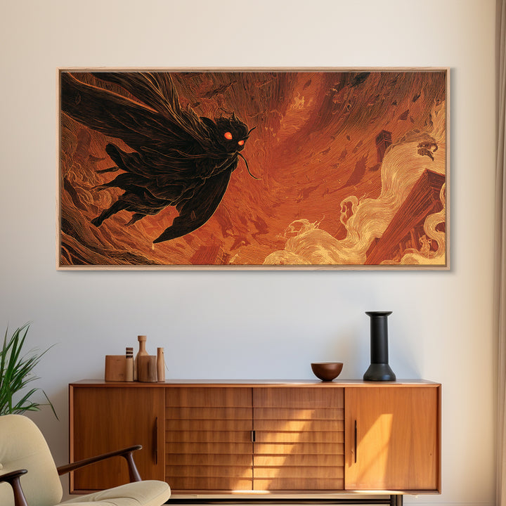 The Red-Eyed Moth Creature, Apocalyptic Romantic Art, Wide Panoramic Art, Macabre Wall Art, Canvas Print, Halloween Wall Art