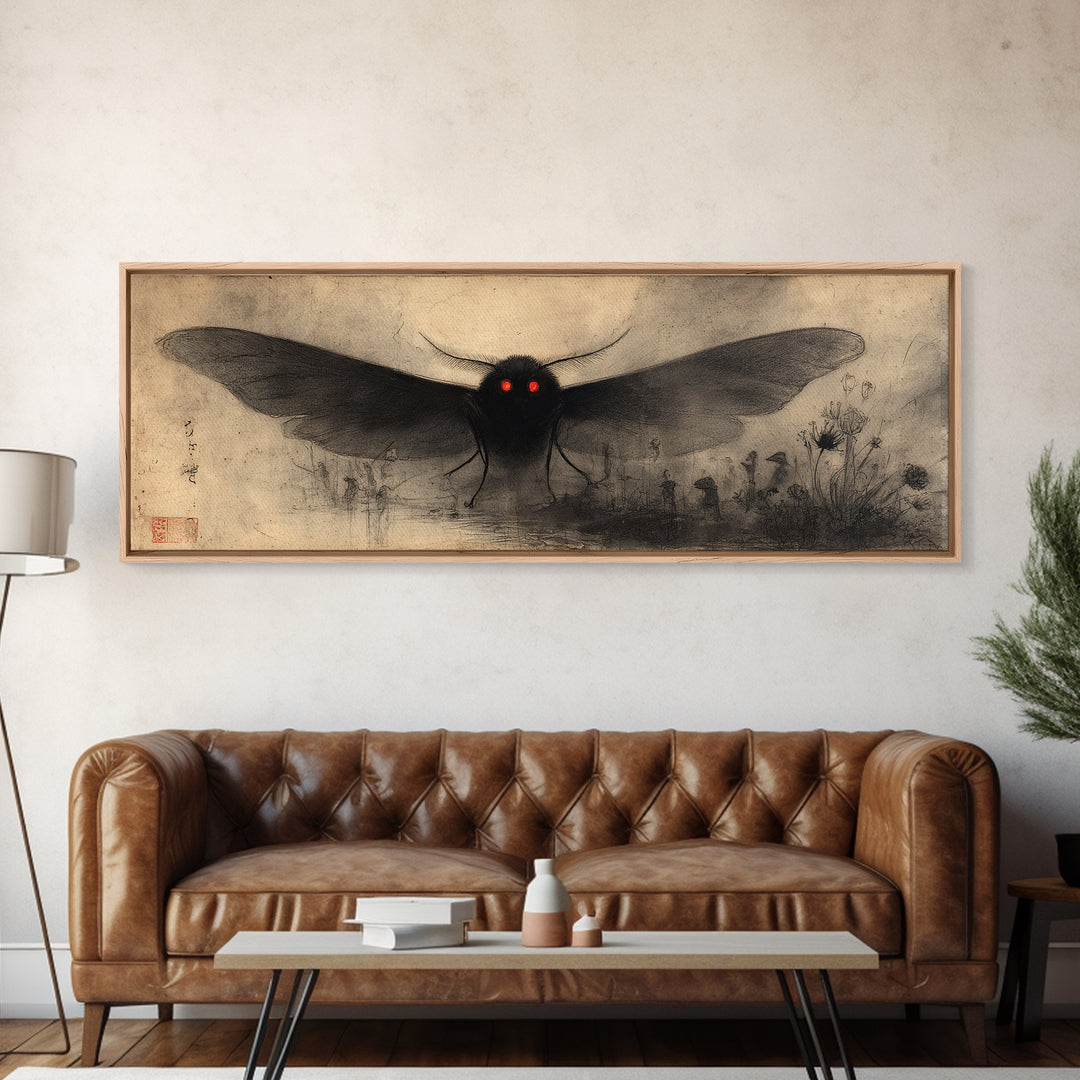 The Red-Eyed Moth Creature, Symbolist Dream Art, Extra Wide Wall Art, Gothic Horror Wall Art, Framed Canvas Print, Halloween Wall Art
