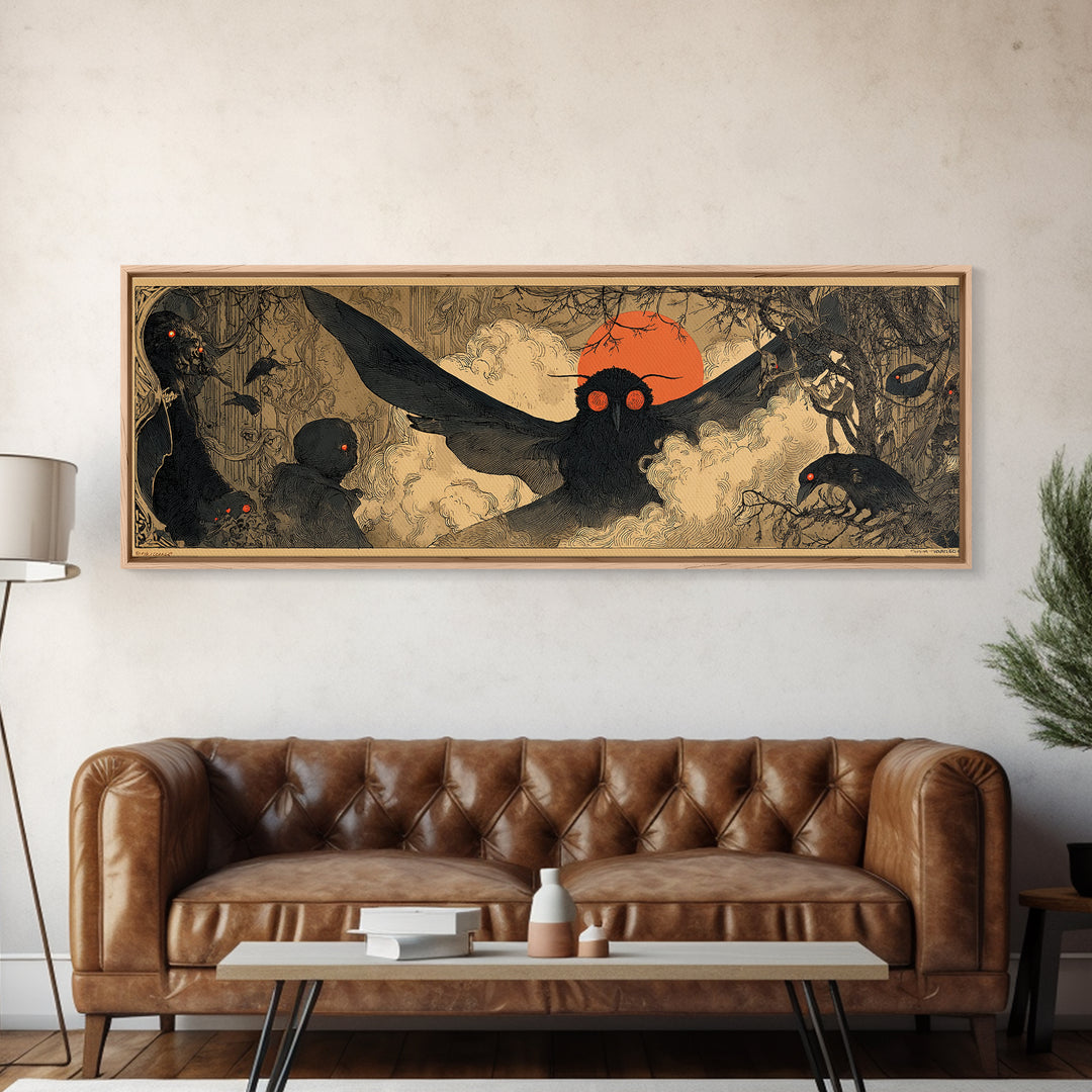 The Red-Eyed Moth Creature, Decadent Gothic Art, Extra Wide Wall Art, Dark Halloween Decor, Canvas Print, Halloween Wall Art