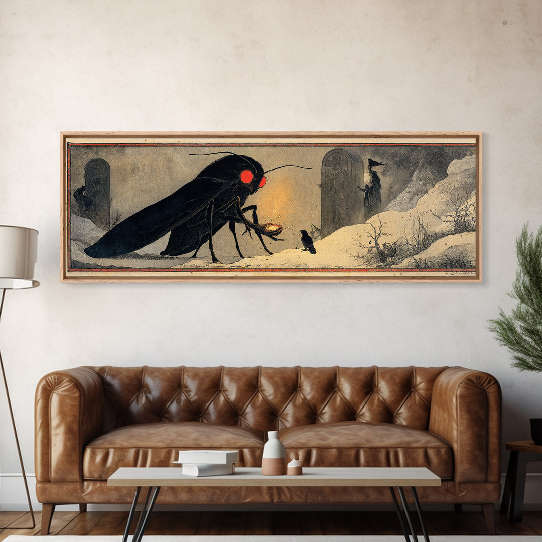 The Red-Eyed Moth Creature, Symbolist Death Art, Extra Wide Wall Art, Dark Fantasy Wall Art, Canvas Print, Halloween Wall Art