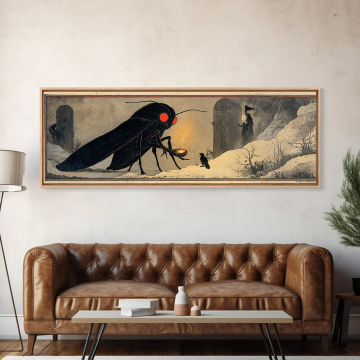 The Red-Eyed Moth Creature, Symbolist Death Art, Extra Wide Wall Art, Dark Fantasy Wall Art, Canvas Print, Halloween Wall Art