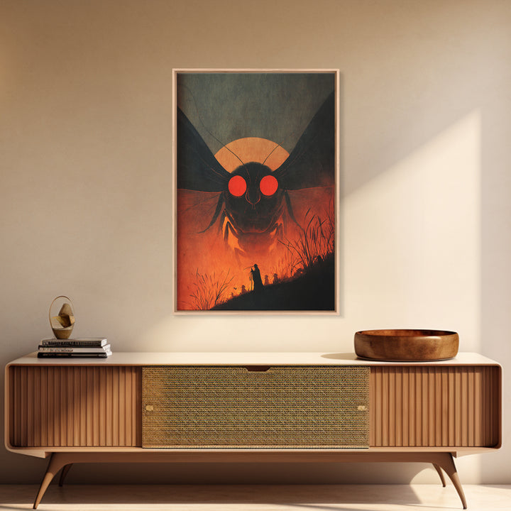 The Red-Eyed Moth Creature, Symbolist Etching Art, Vertical Wall Art, Dark Halloween Decor, Framed Canvas Print, Halloween Wall Art