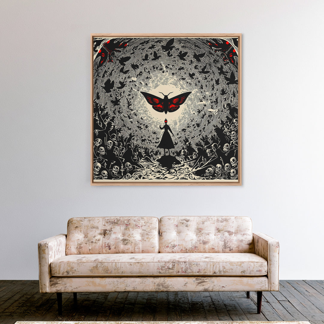 The Red-Eyed Moth Creature, Macabre Folk Print Art, Square Wall Art, Dark Halloween Decor, Canvas Print, Halloween Wall Art