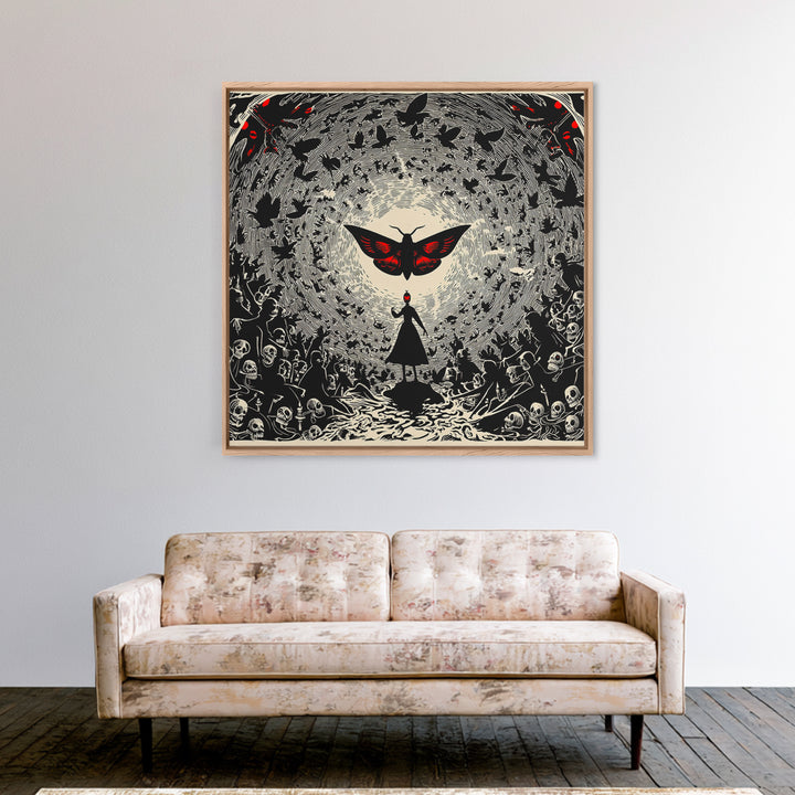 The Red-Eyed Moth Creature, Macabre Folk Print Art, Square Wall Art, Dark Halloween Decor, Canvas Print, Halloween Wall Art