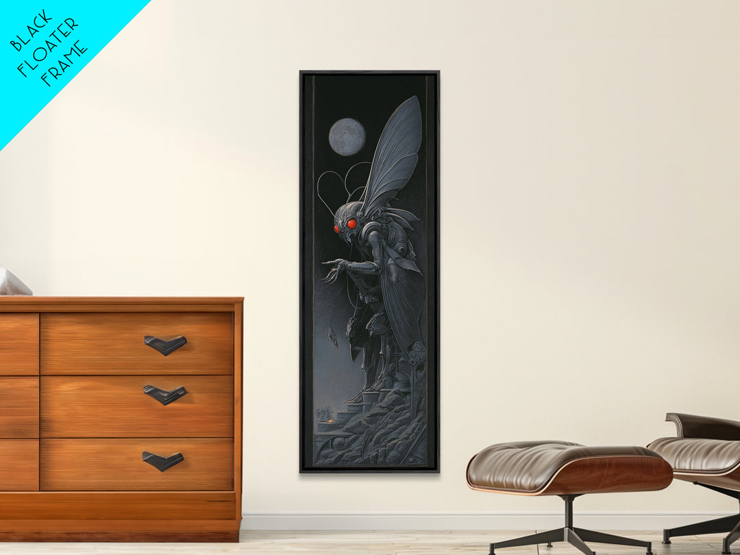 The Red-Eyed Moth Creature, Biomechanical Horror Art, Tall Narrow Wall Art, Macabre Wall Art, Canvas Print, Halloween Wall Art