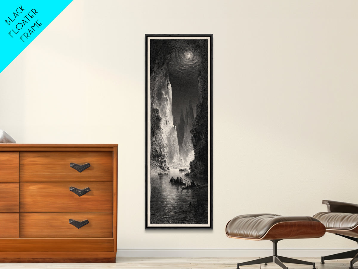 The Lake Phantom, Gothic Engraving Art, Tall Narrow Wall Art, Dark Fantasy Wall Art, Framed Canvas Print, Halloween Wall Art