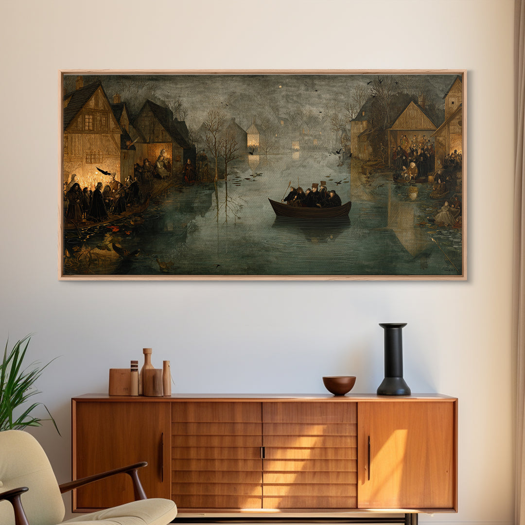 The Lake Phantom, Northern Renaissance Horror, Wide Panoramic Art, Dark Fantasy Wall Art, Framed Canvas Print, Halloween Wall Art