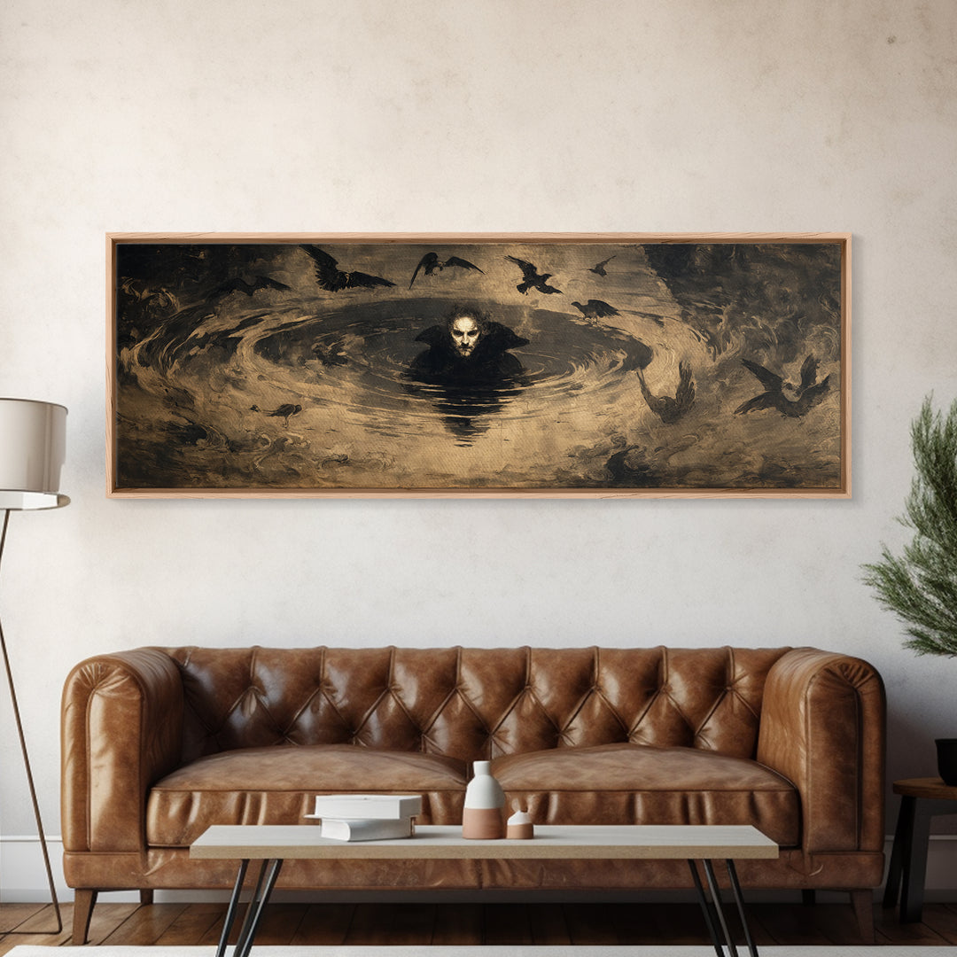 The Lake Phantom, Dark Romantic Horror Art, Extra Wide Wall Art, Macabre Wall Art, Framed Canvas Print, Halloween Wall Art