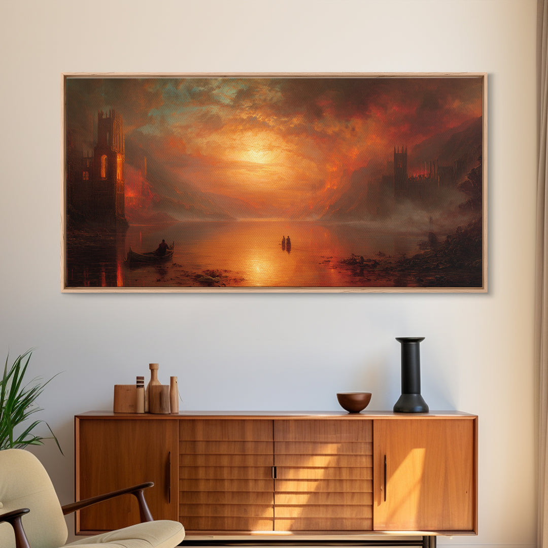 The Lake Phantom, Apocalyptic Romantic Art, Wide Panoramic Art, Gothic Horror Wall Art, Framed Canvas Print, Halloween Wall Art